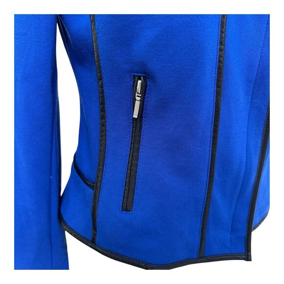 INC International Concepts Blue Moto Jacket Size M Faux Leather Trim Zip Pockets - Picture 3 of 5
